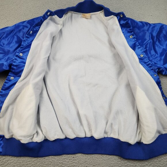 Vintage Satin Bomber Jacket Large Lined Blue Blank Snap Button Front 90s USA - Picture 3 of 11